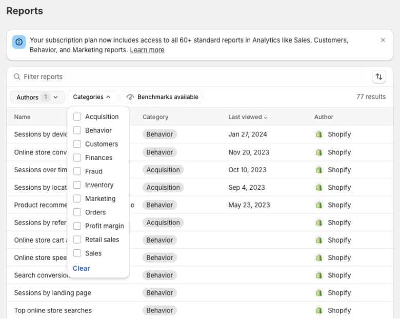 shopify plan reports